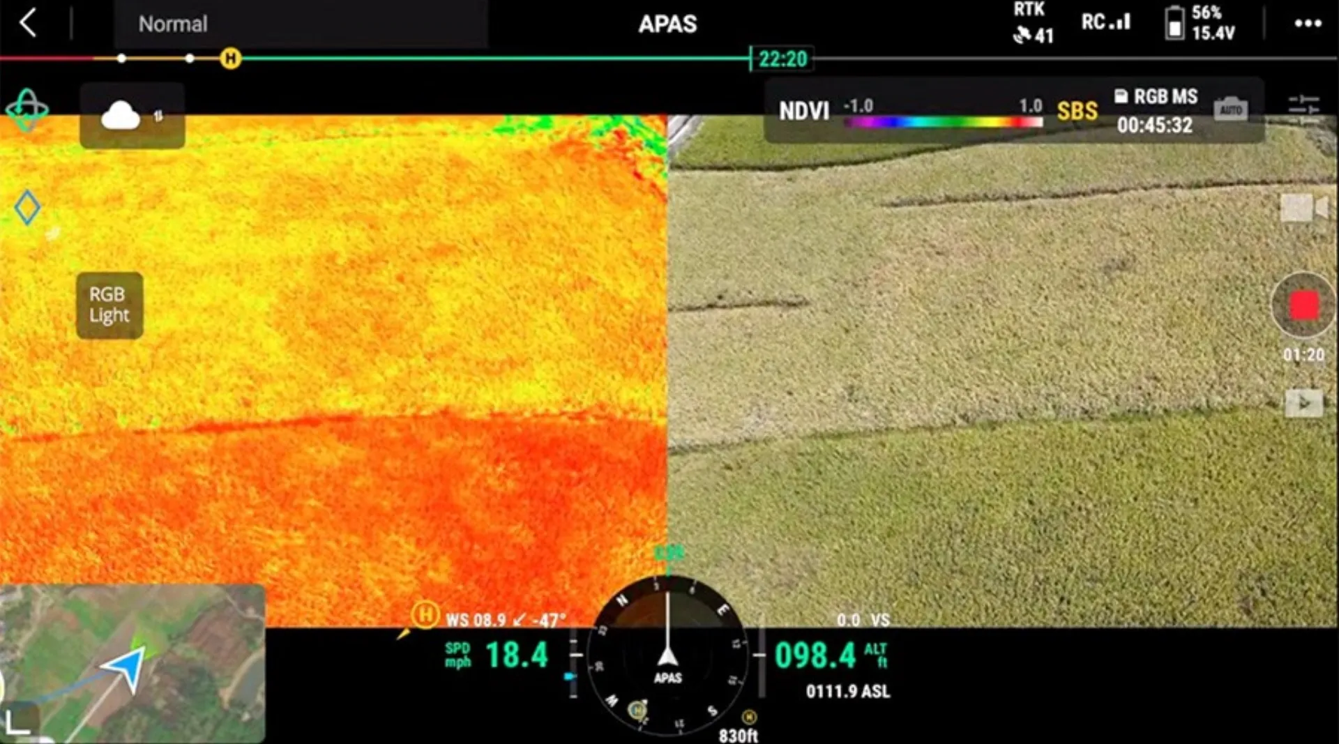 Pantalla split NDVI vs RGB en vivo durante vuelo del dron